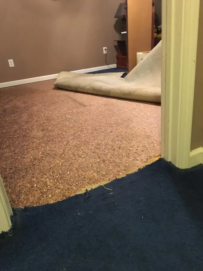 Carpet pad removal revealing water damage during Water Mitigation Services in Vinings